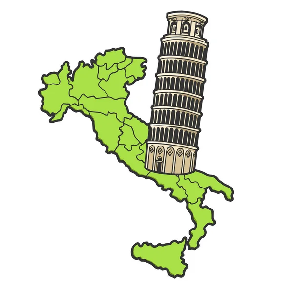 Olaszország Térkép és ferde torony Pisa vázlat gravírozás vektor illusztráció. Nemzeti szimbólumként. Póló ruházati nyomtatási terv. Scratch Board stílus utánzat. Kézzel rajzolt kép fekete-fehér. — Stock Vector