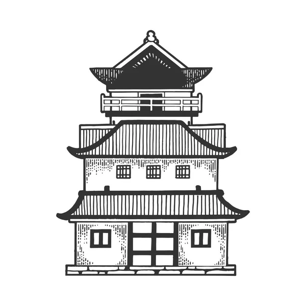 Templo japonês Pagode casa esboço gravura vetor ilustração. T-shirt vestuário impressão design. Imitação de estilo Scratch board. Imagem desenhada à mão preto e branco . — Vetor de Stock