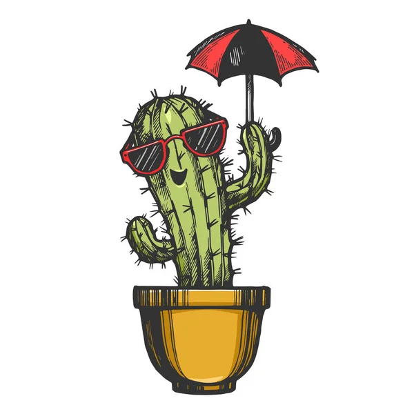 Tecknad kaktus karaktär i solglasögon med paraply gravering skiss vektor illustration. Tee shirt kläder Print design. Scratch Board stil imitation. Svart och vit handritad bild. — Stock vektor