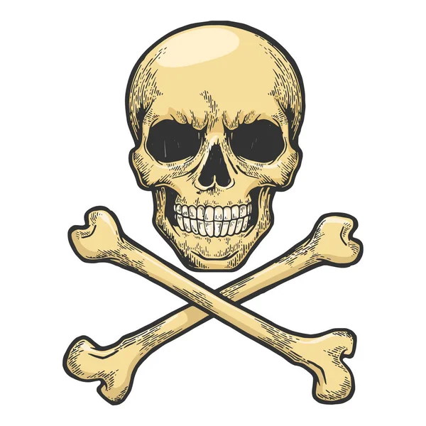 Crânio com ossos cruzados. Símbolo pirata Jolly Roger esboço gravura ilustração vetorial. T-shirt vestuário impressão design. Imitação de estilo Scratch board. Imagem desenhada à mão . — Vetor de Stock