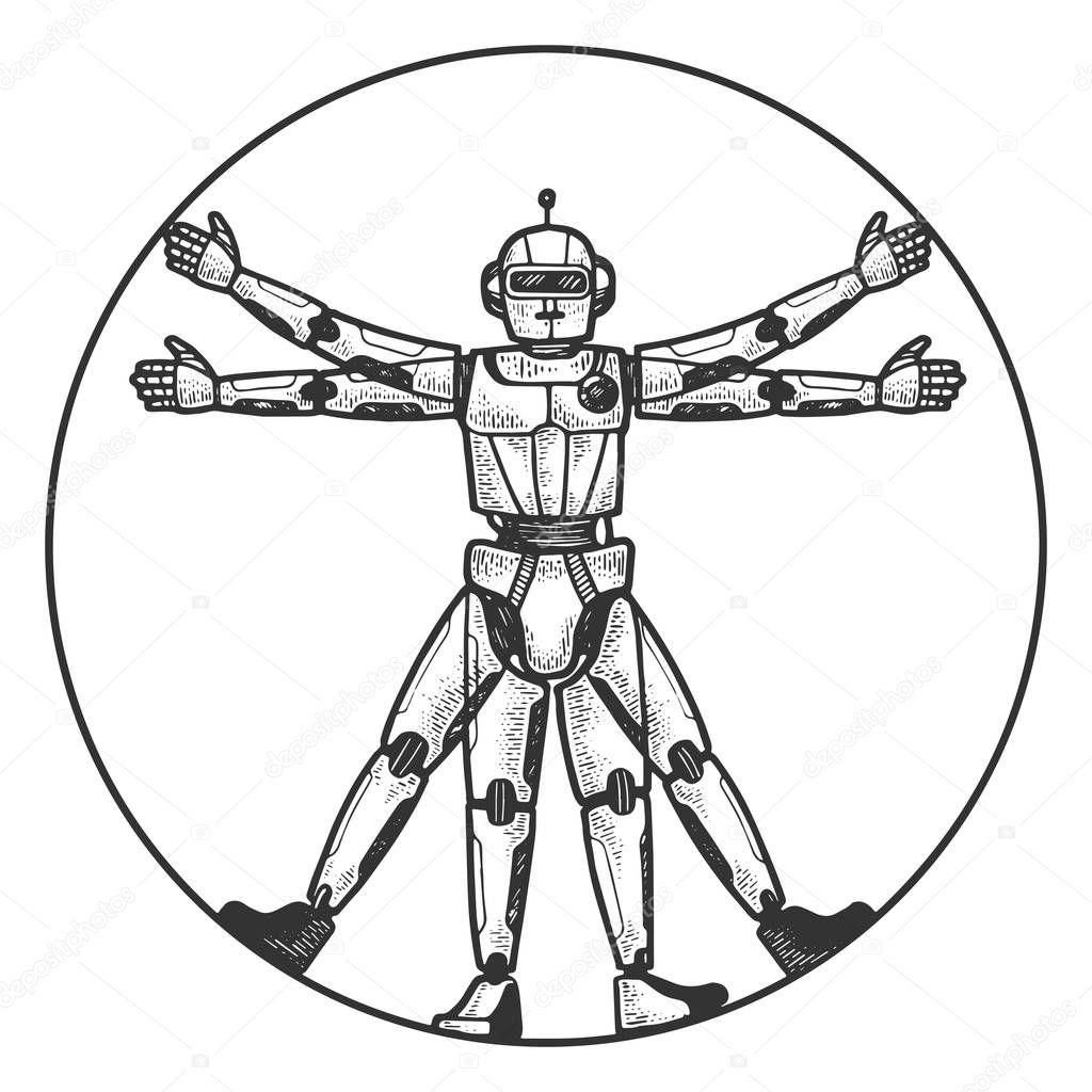 Robot Vitruvian Man sketch engraving vector illustration. Tee shirt apparel print design. Scratch board style imitation. Black and white hand drawn image.