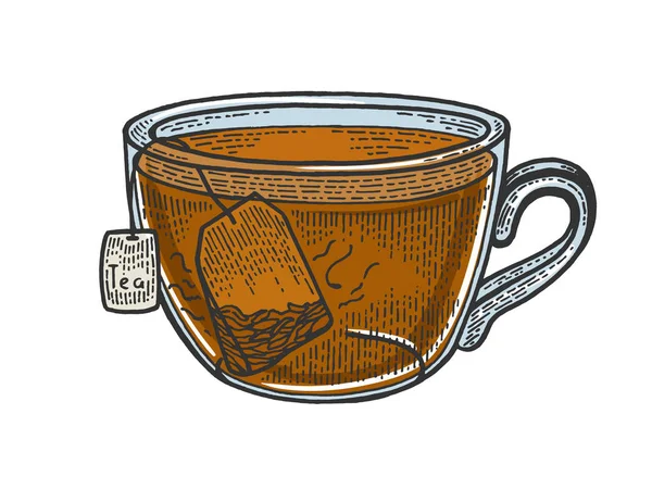 Tasse Tee mit Teebeutel Skizze Gravur Vektorillustration. Scratch-Board-Imitat. Handgezeichnetes Schwarz-Weiß-Bild. — Stockvektor