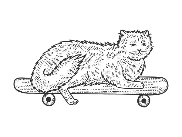Perjalanan kucing peliharaan domestik pada sketsa skateboard mengukir gambar vektor. Peniruan gaya papan gores. Citra gambar tangan hitam dan putih . - Stok Vektor
