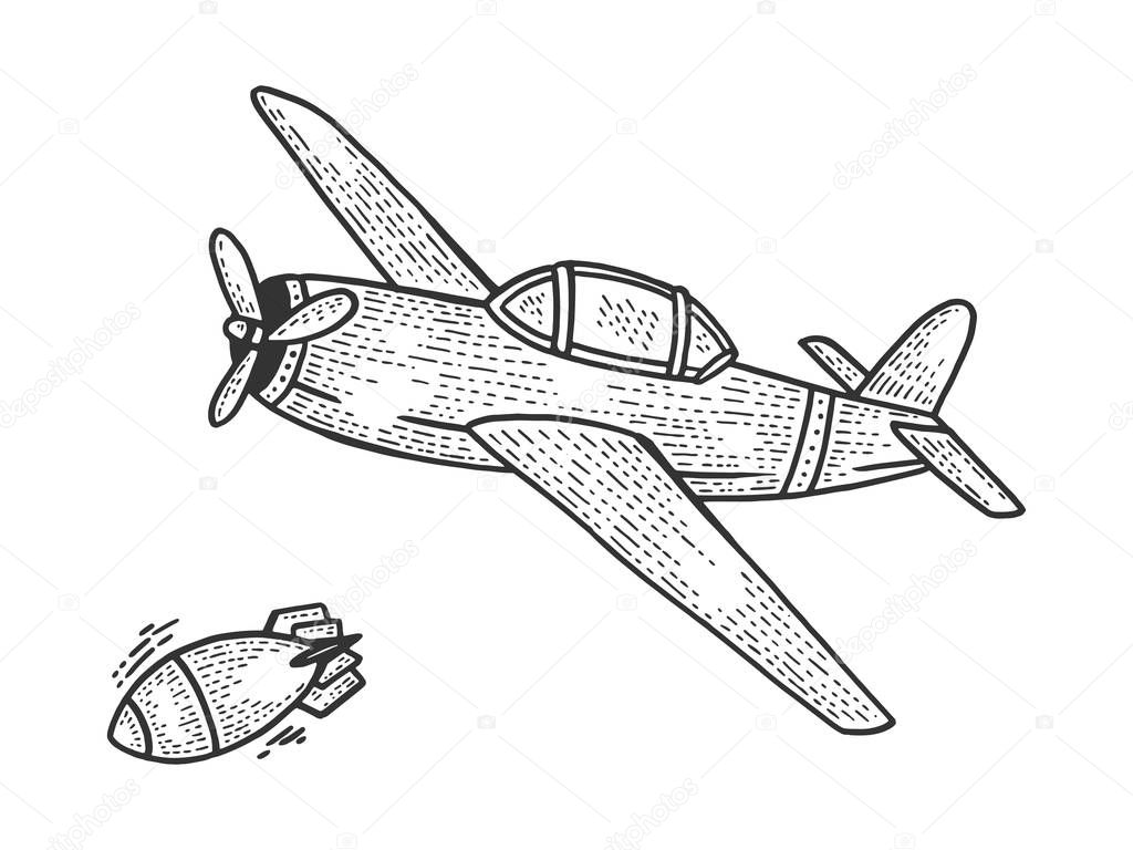 Bomber plane drops bomb sketch engraving vector illustration. Scratch board style imitation. Hand drawn image.