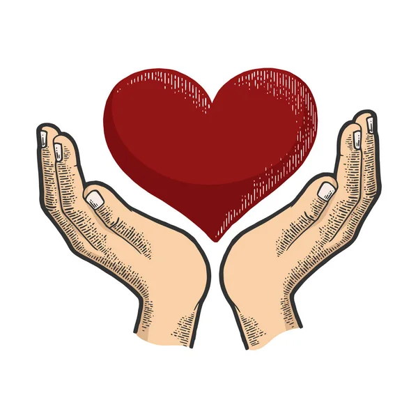 Mãos e coração símbolo Doação de sangue esboço gravura vetor ilustração. T-shirt vestuário impressão design. Imitação de estilo Scratch board. Imagem desenhada à mão preto e branco . — Vetor de Stock