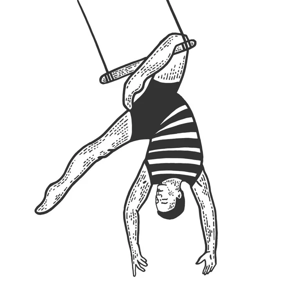 Circo acrobata appeso a trapezio performance schizzo linea arte incisione vettoriale illustrazione. Imitazione in stile gratta e vinci. Immagine disegnata a mano in bianco e nero . — Vettoriale Stock
