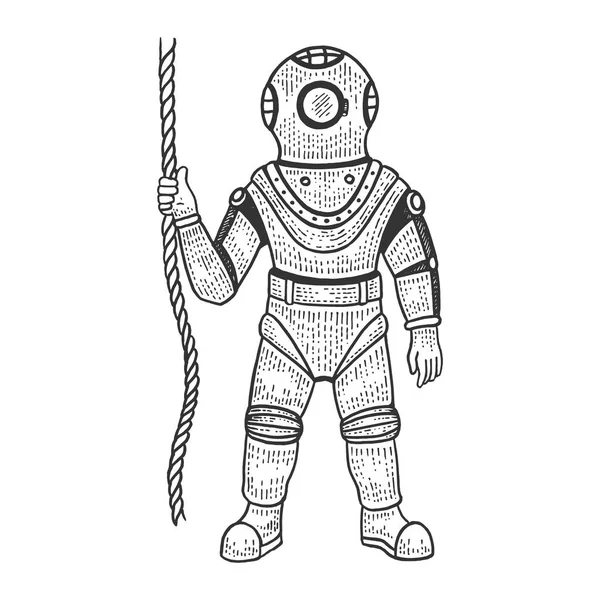 Retro mergulhador esboço gravura ilustração vetorial. Imitação de estilo Scratch board. Imagem desenhada à mão preto e branco . — Vetor de Stock