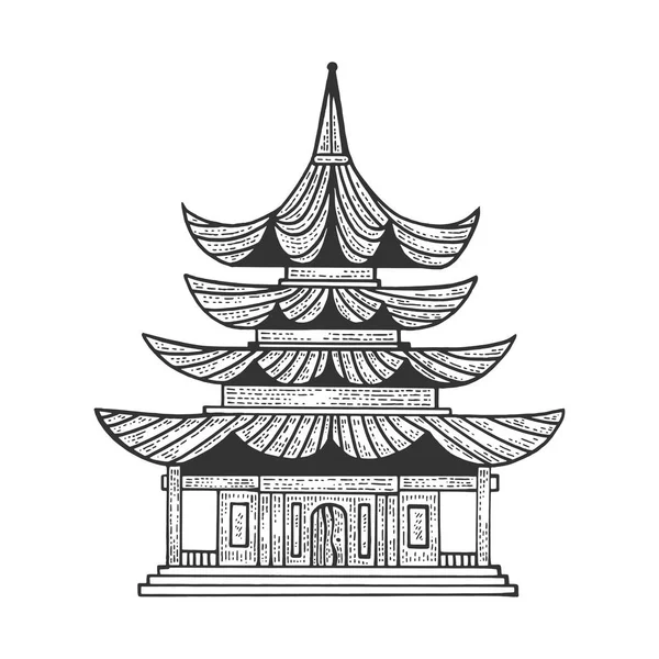 Templo japonés Pagoda casa boceto grabado vector ilustración. Camiseta ropa diseño de impresión. Scratch board estilo imitación. Imagen dibujada a mano en blanco y negro . — Archivo Imágenes Vectoriales