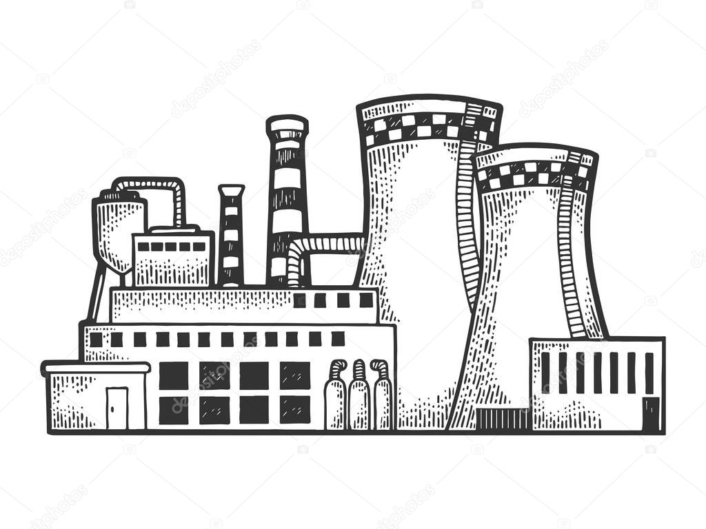 Nuclear power plant sketch engraving vector illustration. Tee shirt apparel print design. Scratch board style imitation. Black and white hand drawn image.
