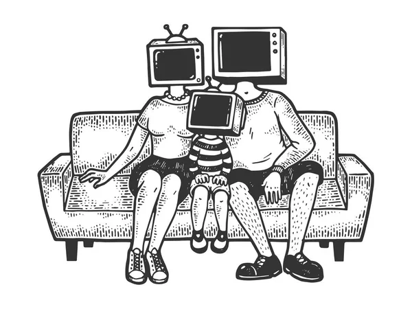 Teste TV famiglia schizzo incisione vettoriale illustrazione. T-shirt abbigliamento design di stampa. Imitazione in stile gratta e vinci. Immagine disegnata a mano in bianco e nero . — Vettoriale Stock