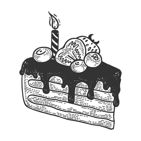 Födelsedag bit tårta bageri produkt skiss gravyr vektor illustration. Tee tröja kläder tryck design. Scratch board stil imitation. Svart och vit handritad bild. — Stock vektor