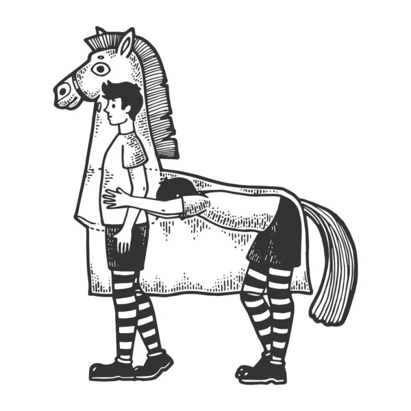 Disfraz de caballo en el dibujo de teatro ilustración vectorial grabado. Camiseta ropa diseño de impresión. Scratch board estilo imitación. Imagen dibujada a mano en blanco y negro . — Vector de stock