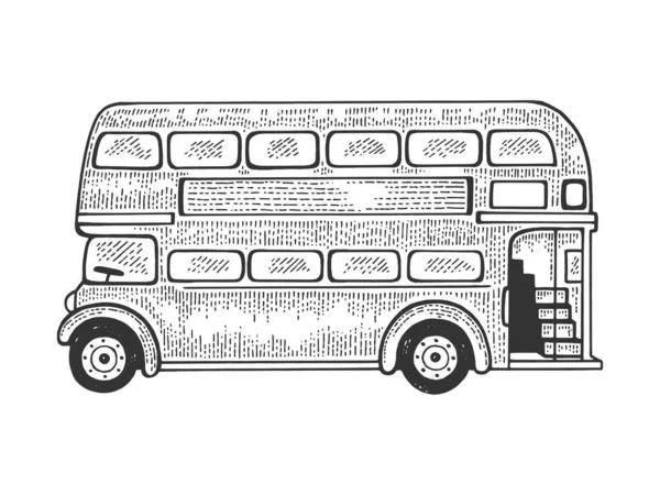 Londres Double decker bus croquis gravure vectorielle illustration. Tee shirt habillement imprimé design. Imitation de style scratch board. Image dessinée à la main noir et blanc . — Image vectorielle