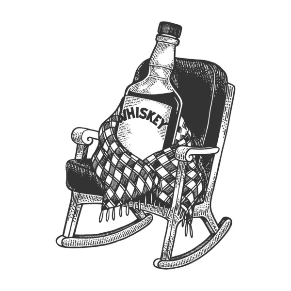 Butelka whisky siedzi w bujanym fotelu pokrytym szkicem szkicu grawerowania wektor ilustracji. Projekt odzieży Tee shirt print. Imitacja stylu deski do drapania. Czarno-biały ręcznie rysowany obraz. — Wektor stockowy