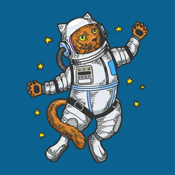 Chat astronaute astronaute dans l'espace croquis gravure vectorielle illustration. Tee shirt habillement imprimé design. Imitation de style scratch board. Image dessinée à la main noir et blanc . — Image vectorielle