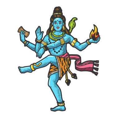 Shiva Mahadeva Hinduizm hint tanrısı çizim gravür vektör illüstrasyon. Scratch tahta tarzı taklit. Siyah beyaz elle çizilmiş görüntü.