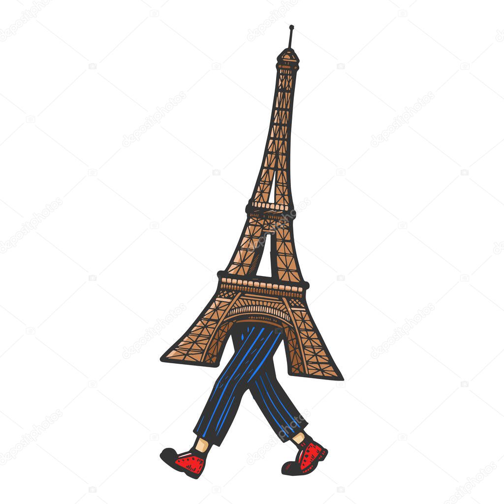 Eiffel Tower walks on its feet sketch engraving vector illustration. Scratch board style imitation. Black and white hand drawn image.