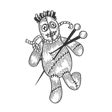 Voodoo bebeği çizimi, kabartma vektör çizimi. Tişört giysisi baskısı tasarımı. Tahta sitili taklit. Siyah beyaz el çizimi resim.