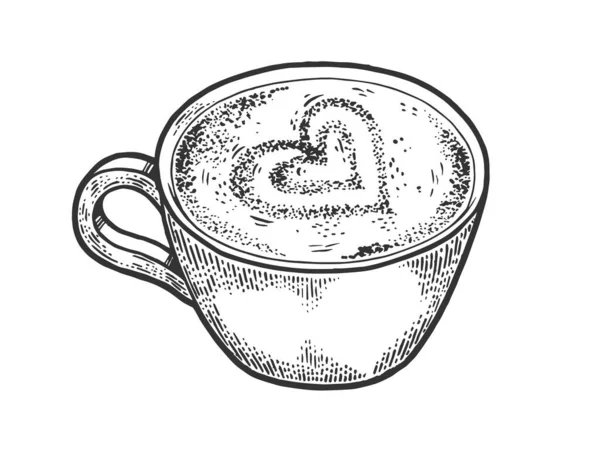 Taza de latte con ilustración de vectores de grabado de bocetos de corazón de arte. Obras de arte del café. Scratch board estilo imitación. Imagen dibujada a mano en blanco y negro . — Archivo Imágenes Vectoriales