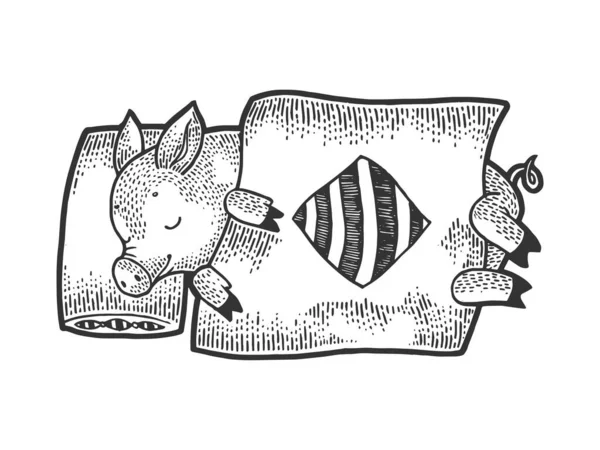 Cartoon funny sleeping piggy sketch engraving vector illustration. T-shirt apparel print design. Scratch board style imitation. Black and white hand drawn image. — ストックベクタ