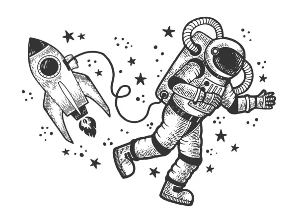 Astronaut in spacesuit flies at open space near spaceship rocket sketch engraving vector illustration. T-shirt apparel print design. Scratch board style imitation. Black and white hand drawn image. — Stock Vector