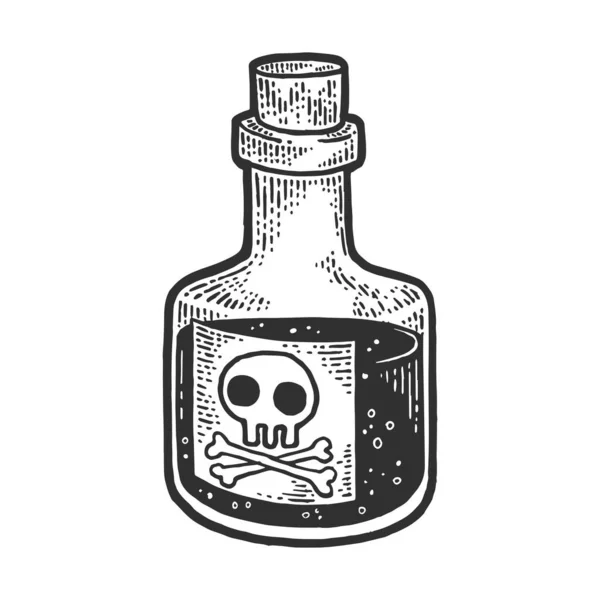 Δηλητήριο δηλητήριο μπουκάλι με το κρανίο και σταυρωτά οστά σκίτσο χάραξη διάνυσμα εικονογράφηση. Σχεδιασμός εκτύπωσης ρούχων T-shirt. Απομίμηση στυλ πίνακα γρατσουνιών. Ασπρόμαυρη ζωγραφισμένη στο χέρι εικόνα. — Διανυσματικό Αρχείο