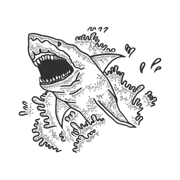 Haai springt uit het water en opent zijn mond schets graveren vector illustratie. T-shirt kleding print ontwerp. Scratch board stijl imitatie. Zwart en wit met de hand getekend afbeelding. — Stockvector