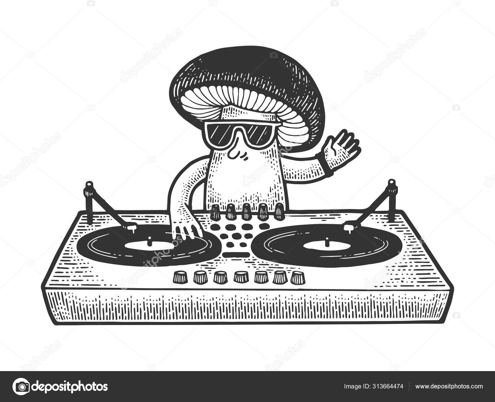Cartoon Pilz dj Skizze Gravur Vektorillustration. T-Shirt-Print-Design.  Scratch-Board-Imitat. Handgezeichnetes Schwarz-Weiß-Bild. Stock-Vektorbild  von ©AlexanderPokusay 313664474, image size:1600x1300