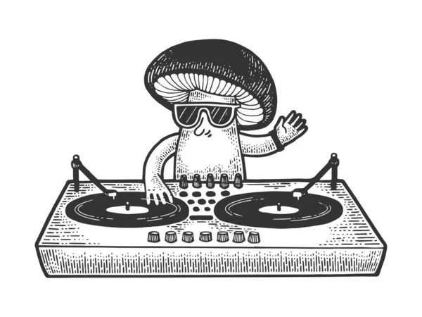 Cartoon paddestoel Dj schets graveren vector illustratie. T-shirt kleding print ontwerp. Scratch board stijl imitatie. Zwart en wit met de hand getekend afbeelding. — Stockvector