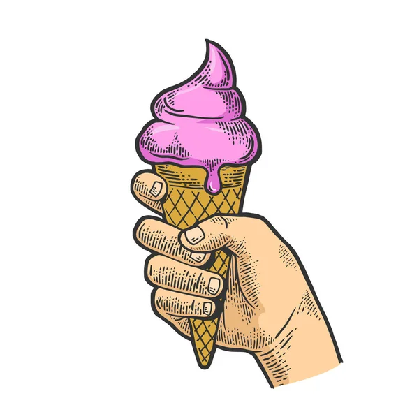 Ice cream in hand sketch engraving vector illustration. T-shirt apparel print design. Scratch board style imitation. Black and white hand drawn image. — Stock Vector