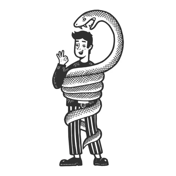 Велика змія намагається задушити і з'їсти оптимістичну людину начерк гравюри Векторні ілюстрації. Дизайн футболки для друку. Імітація стилю подряпини дошки. Чорно-біле намальоване зображення руки . — стоковий вектор