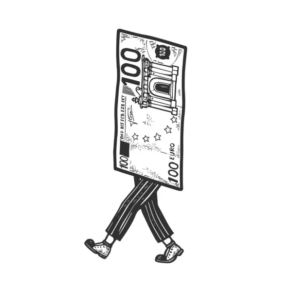 Cien euros en efectivo camina sobre sus pies boceto grabado vector ilustración. Diseño de estampado de ropa de camiseta. Scratch board estilo imitación. Imagen dibujada a mano en blanco y negro . — Vector de stock
