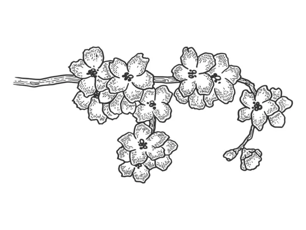 Bosque de flor de cerezo grabado vector ilustración. Diseño de estampado de ropa de camiseta. Scratch board estilo imitación. Imagen dibujada a mano en blanco y negro . — Vector de stock