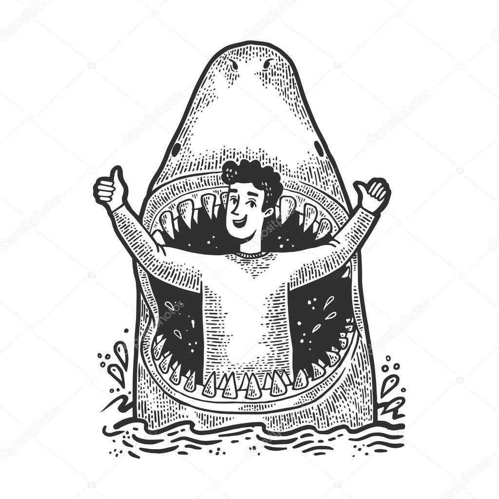 Big shark eat an optimistic person sketch engraving vector illustration. T-shirt apparel print design. Scratch board style imitation. Black and white hand drawn image.