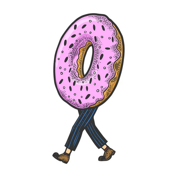 Donut camina sobre sus pies boceto grabado vector ilustración. Diseño de estampado de ropa de camiseta. Scratch board estilo imitación. Imagen dibujada a mano en blanco y negro . — Vector de stock