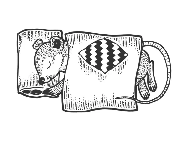 Desenhos animados engraçado dormir mouse esboço gravura vetor ilustração. T-shirt design de impressão de vestuário. Imitação de estilo Scratch board. Imagem desenhada à mão preto e branco . —  Vetores de Stock