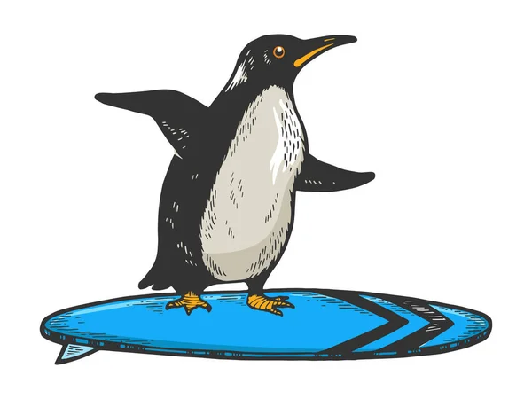 Пингвинья птица катается на векторной иллюстрации на доске для серфинга. Дизайн одежды для футболок. Имитация в стиле Scratch board. Черно-белое изображение . — стоковый вектор