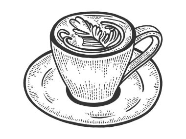 Bir fincan latte, içinde sanat kalbi çizimi, kabartma vektör çizimi. Kahve sanatı. Tahta sitili taklit. Siyah beyaz el çizimi resim.