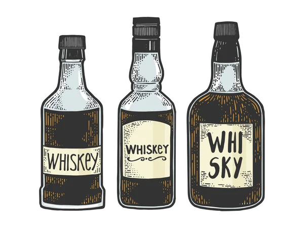 Whisky bouteilles de whisky flacons croquis gravure vectoriel illustration. T-shirt imprimé design. Imitation de style scratch board. Image dessinée à la main noir et blanc . — Image vectorielle