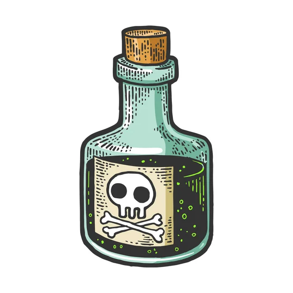 Poison venom bottle with skull and crossbones sketch engraving vector illustration. T-shirt apparel print design. Scratch board style imitation. Black and white hand drawn image. — Stock Vector