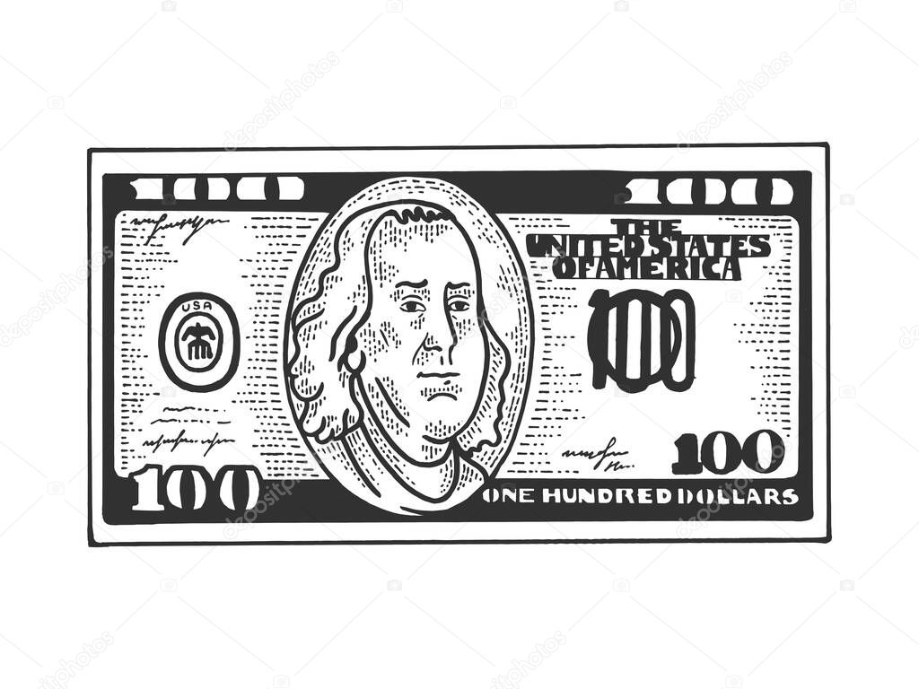 One hundred USA dollars cash walks on its feet sketch engraving vector illustration. T-shirt apparel print design. Scratch board style imitation. Black and white hand drawn image.