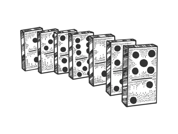 Domino ben linje kedja skiss gravyr vektor illustration. Scratch board stil imitation. Svart och vit handritad bild. — Stock vektor