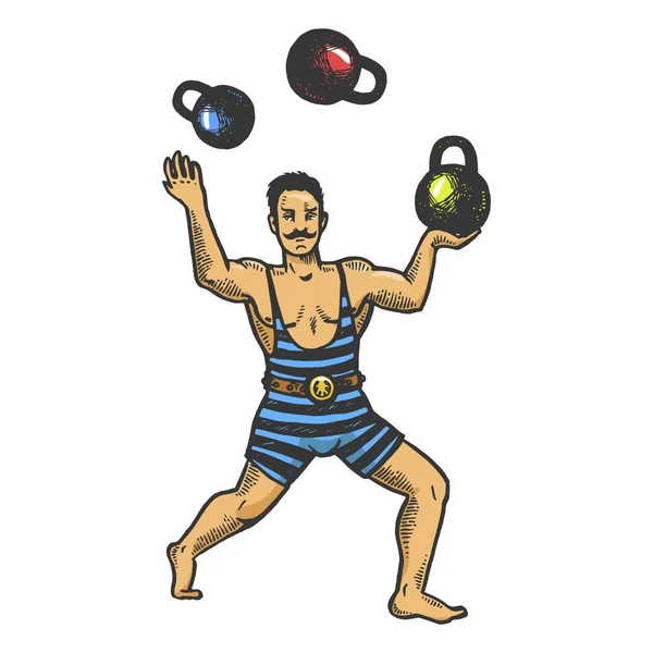 Cirkusz strongman juggles, vektor, ábra gravírozás súlyokkal. Scratch fórumon stílus utánzása. Fekete-fehér kézzel rajzolt kép. — Stock Vector