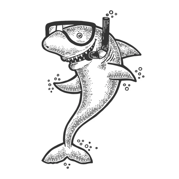 Cartoon haai met duikmasker en snorkel schets graveren vector illustratie. T-shirt kleding print ontwerp. Scratch board stijl imitatie. Zwart en wit met de hand getekend afbeelding. — Stockvector