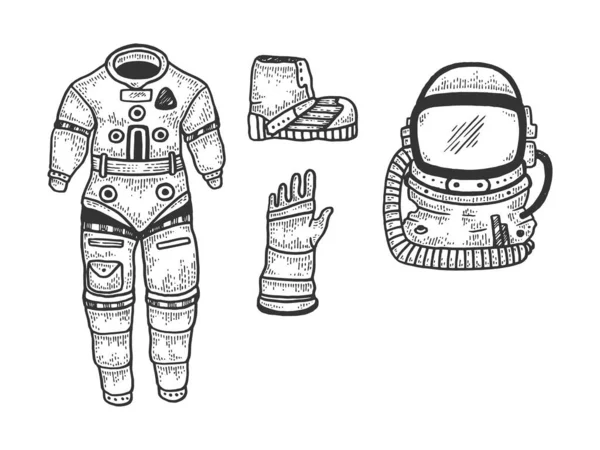 Astronauta Spacesuit esboço gravura vetor ilustração. T-shirt design de impressão de vestuário. Imitação de estilo Scratch board. Imagem desenhada à mão preto e branco . —  Vetores de Stock