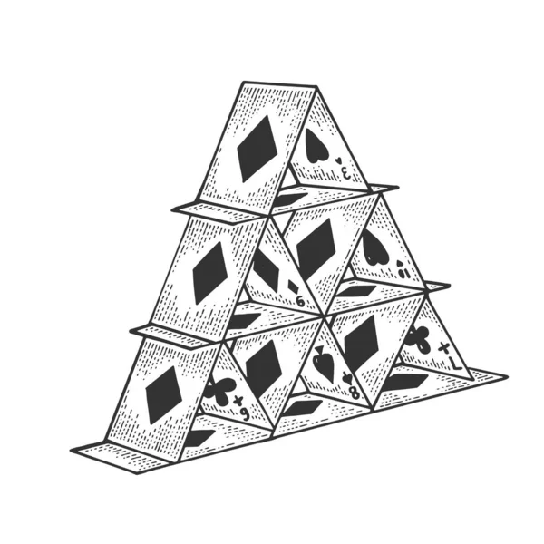 Torre de cartas casa de naipes boceto grabado vector ilustración. Scratch board estilo imitación. Imagen dibujada a mano en blanco y negro . — Vector de stock
