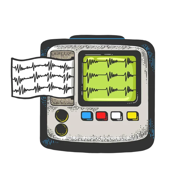 Holter monitor cardíaco dispositivo de monitoramento cardíaco esboço gravura vetor ilustração. Tecnologia médica. Imitação de estilo Scratch board. Imagem desenhada à mão preto e branco . — Vetor de Stock