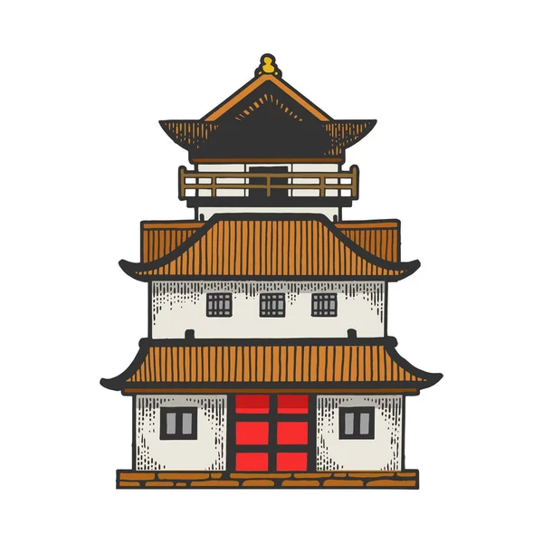 日本の寺院パゴダの家のスケッチベクトルのイラストを彫る。Tシャツのアパレルプリントデザイン。スクラッチボードスタイルの模倣。黒と白の手描き画像. — ストックベクタ