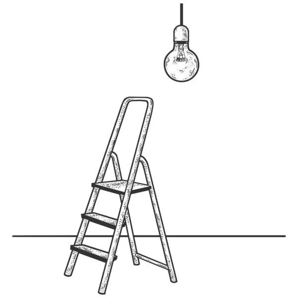 Stepladder och glödlampa skiss gravyr vektor illustration. T-shirt kläder tryck design. Skrapbrädesimitation. Svart och vit handritad bild. — Stock vektor