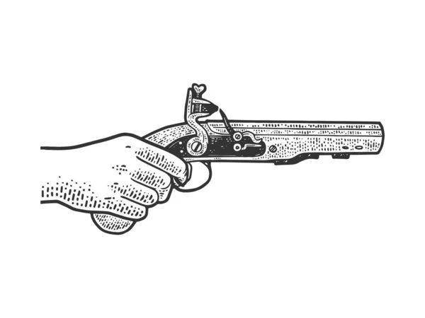 Flintlock pistola manicotto in mano schizzo incisione vettoriale illustrazione. T-shirt abbigliamento design di stampa. Imitazione del gratta e Vinci. Immagine disegnata a mano in bianco e nero . — Vettoriale Stock